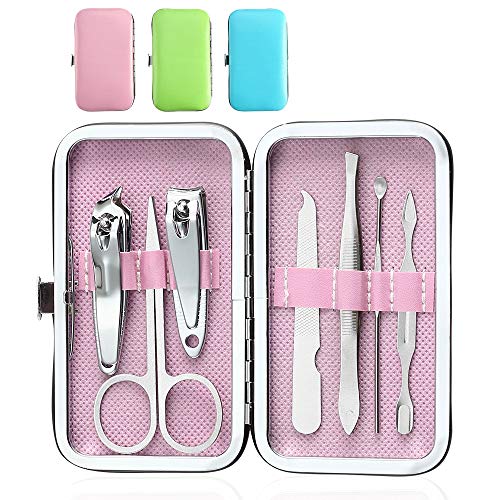 YWQ 3 Pack 7Pcs Manicure Set,Cute and Surprisingly Sturdy Stainless Steel Nail Clipper Set with case, Great Gifts Personal Pedicure Kit for Women Men Girls Travel, Pink Blue Green - Image 1
