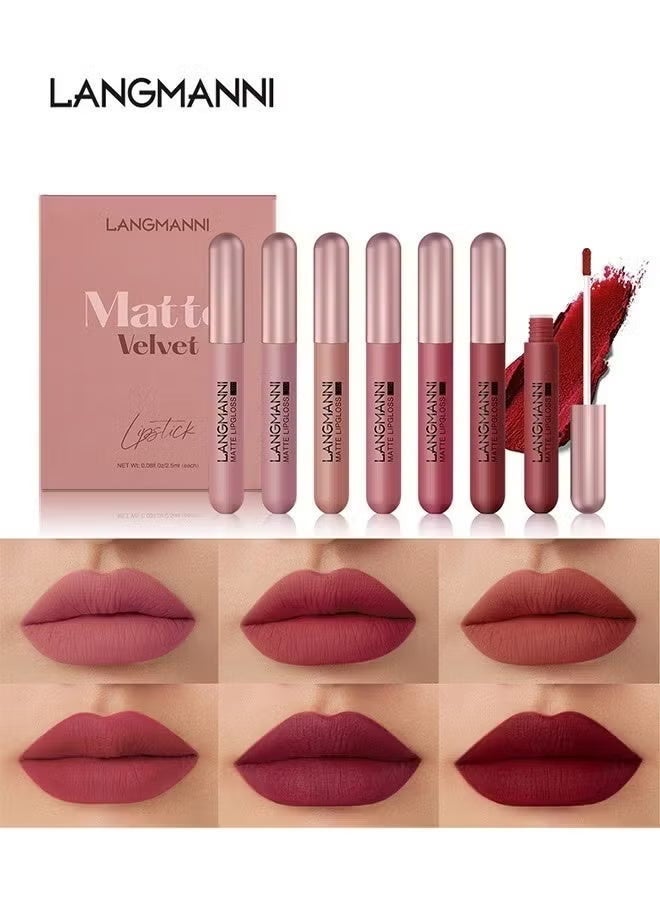 LANGMANNI 6 Colors Matte Velvet Liquid Lip Gloss Set, Nude Pink Waterproof Long Lasting Non-Stick Cup Lip Tint Kit with Vitamin E, Full Shade Lip Makeup Gift Set for Women - Image 1