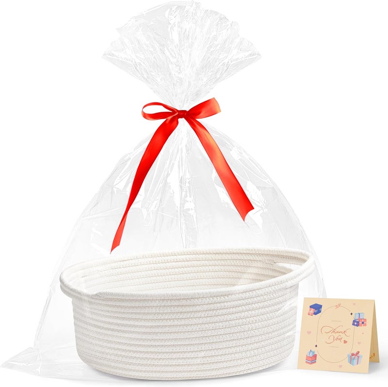 Yeeeasy Small Woven Basket with Gift Bags and Ribbons Cute Baskets for Gifts Empty 12x8x5 Small Rope Toy Basket for Babies White Baskets for Storage - Image 1