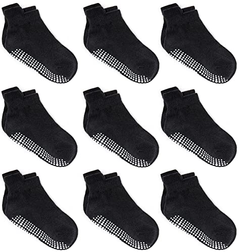 ZAPLES Baby Non Slip Grip Ankle Socks with Non Skid Soles for Infants Toddlers Kids Boys Girls, Black, 12-36 Months - Image 1