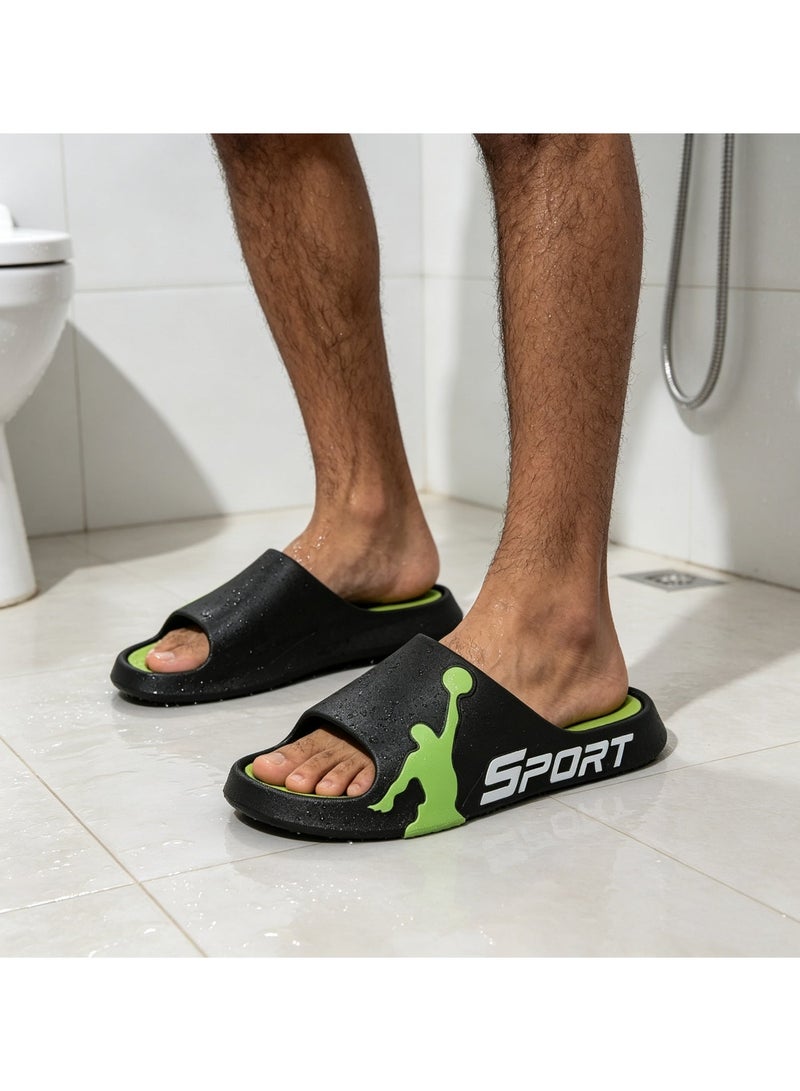 Men Basketball Sport Slide Slippers, Black Green Contrast EVA Cushioned Non Slip Quick Dry Open Toe Sandals, Unisex Indoor Outdoor Slides for Gym Shower Pool Daily Wear - Image 5