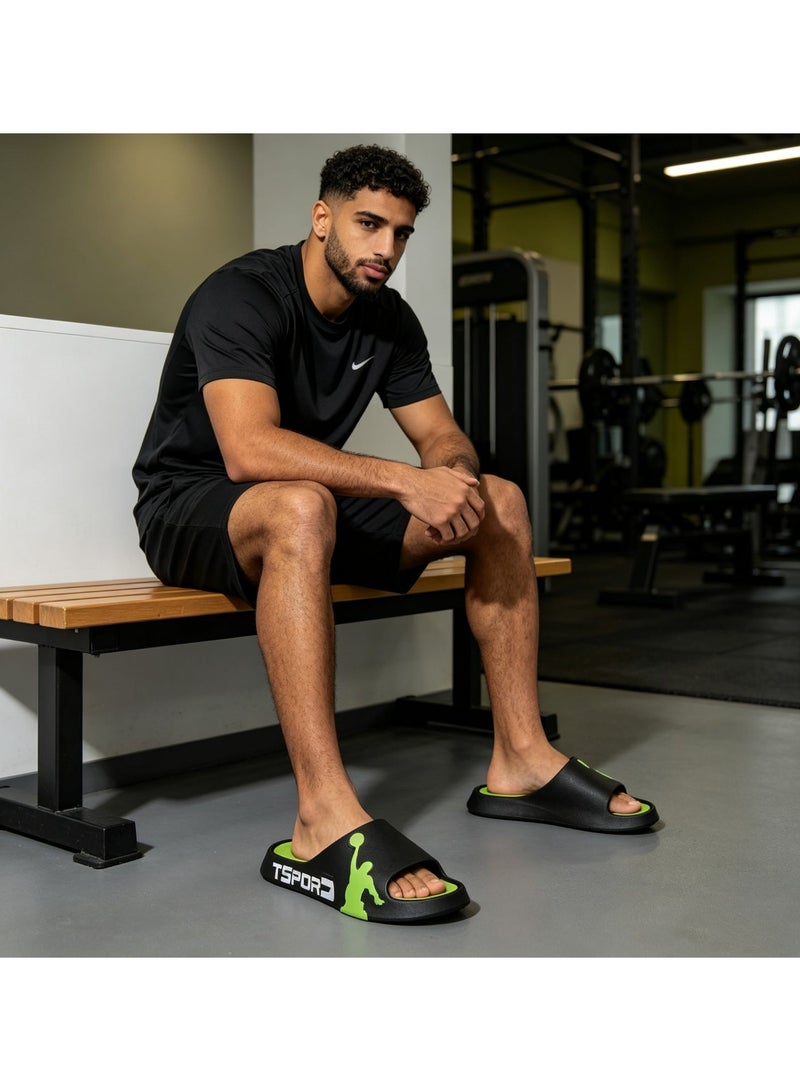 Men Basketball Sport Slide Slippers, Black Green Contrast EVA Cushioned Non Slip Quick Dry Open Toe Sandals, Unisex Indoor Outdoor Slides for Gym Shower Pool Daily Wear - Image 3