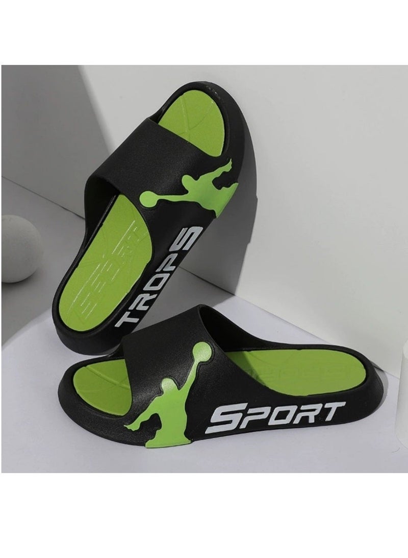 Men Basketball Sport Slide Slippers, Black Green Contrast EVA Cushioned Non Slip Quick Dry Open Toe Sandals, Unisex Indoor Outdoor Slides for Gym Shower Pool Daily Wear - Image 1