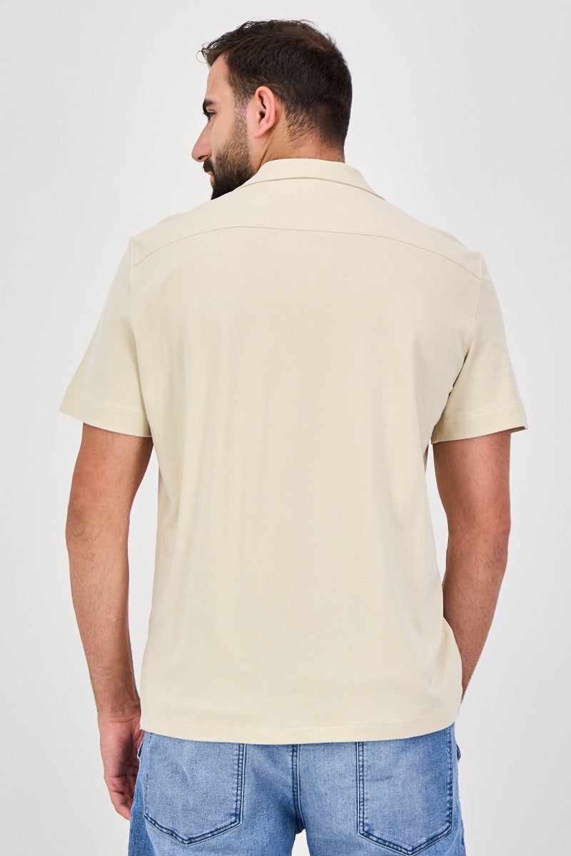 Celio Men Regular Fit Plain Short Sleeve Casual Shirt, Beige - Image 3