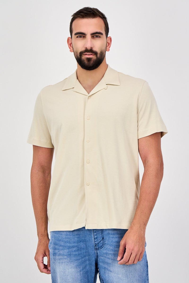 Celio Men Regular Fit Plain Short Sleeve Casual Shirt, Beige - Image 1