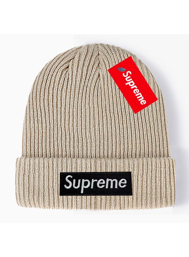 Supreme Beige Ribbed Knit Beanie with Box Logo Patch