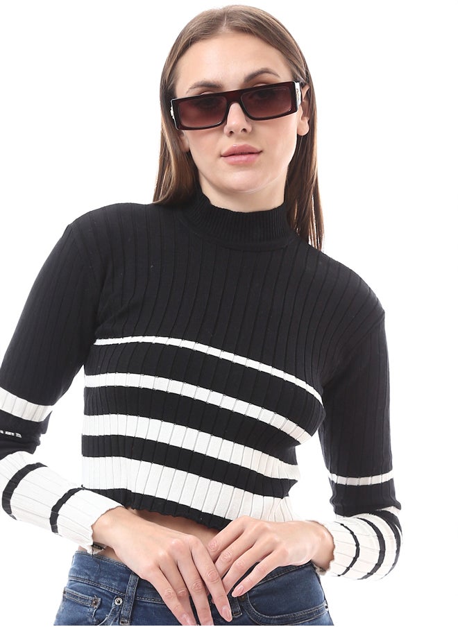 RAVIN - Black Soft Basic Pullover with White Stripes - Image 1