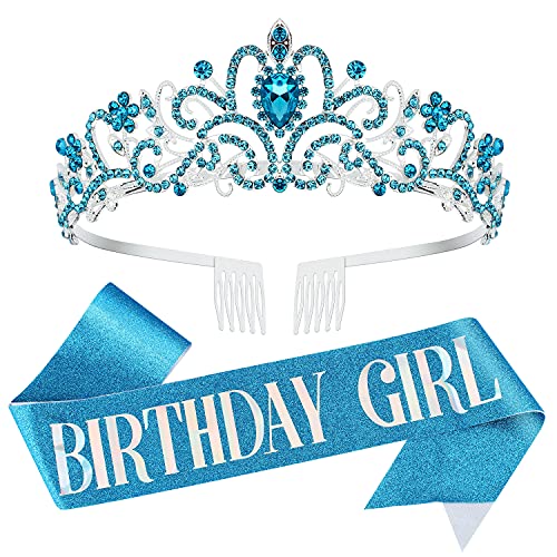 Velscrun Blue Birthday Tiara and Sash with Rhinestone Queen Crown for Women in Bulk - Image 1