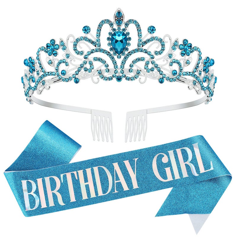 Velscrun Blue Birthday Tiara and Sash with Rhinestone Queen Crown for Women in Bulk - Image 2