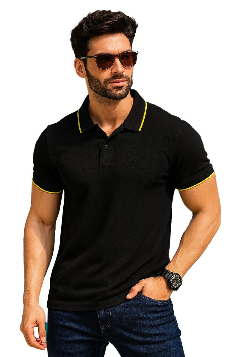Veirdo® Pure Cotton Half Sleeves Regular Fit Plain Solid Classic Polo Colored Collar T-Shirt for Men (Polo_TP_BLK1_XXL) - Image 1