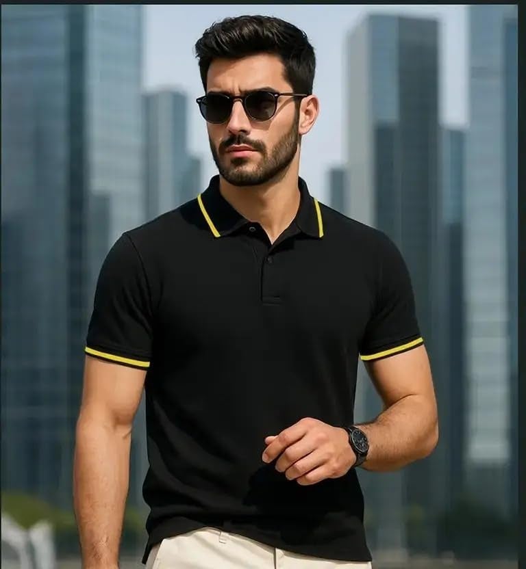 Veirdo® Pure Cotton Half Sleeves Regular Fit Plain Solid Classic Polo Colored Collar T-Shirt for Men (Polo_TP_BLK1_XXL) - Image 2