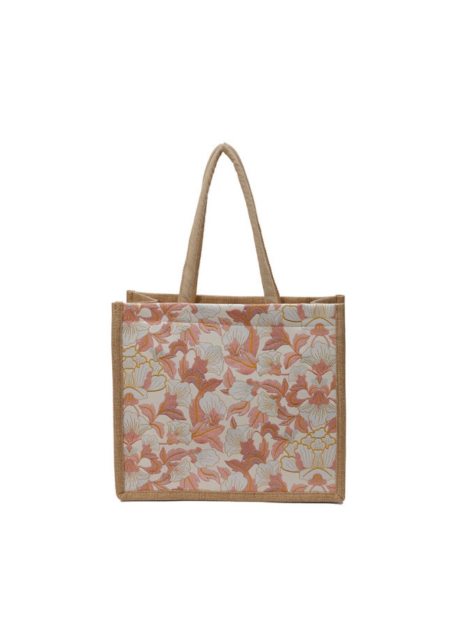 Linen Bag Women's Handbag 2025 Spring Large Capacity Handbag Korean Commuter Tote Bag-Color:Pink-Size:35*15*30cm - Image 1