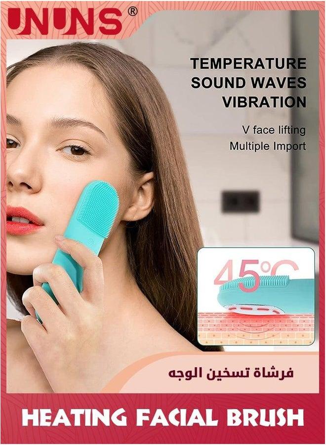 Sonic Facial Cleansing Brush,Power Face Scrubber With 5 Speed Modes,Waterproof 3 in 1 Anion Import 45℃ Heating Massage,USB Rechargeable Silicone Brush,Blue