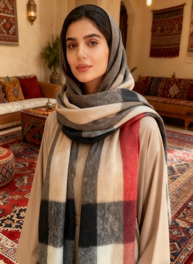 Aknzlmed Artificial Cashmere Scarf, Multicolor Check Design (Beige, Black, Red) – Warm & Stylish for Spring, Autumn & Winter - Image 1