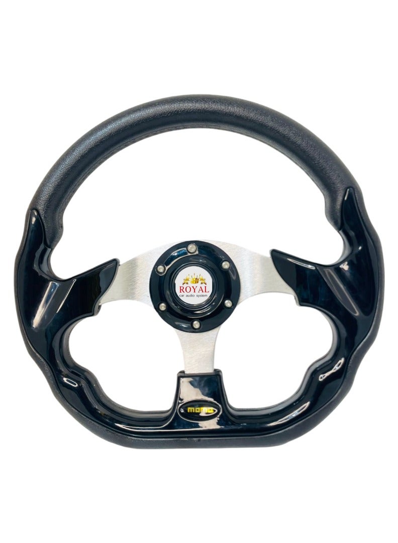 رويال ROYAL - عجلة قيادة سباق عالمية للسيارة، عجلة قيادة مومو رياضية على شكل قرن على شكل حرف "D" للسباق/الرالي/رياضة السيارات/قيادة السيارة (DYT-5324) (أسود) - Image 1