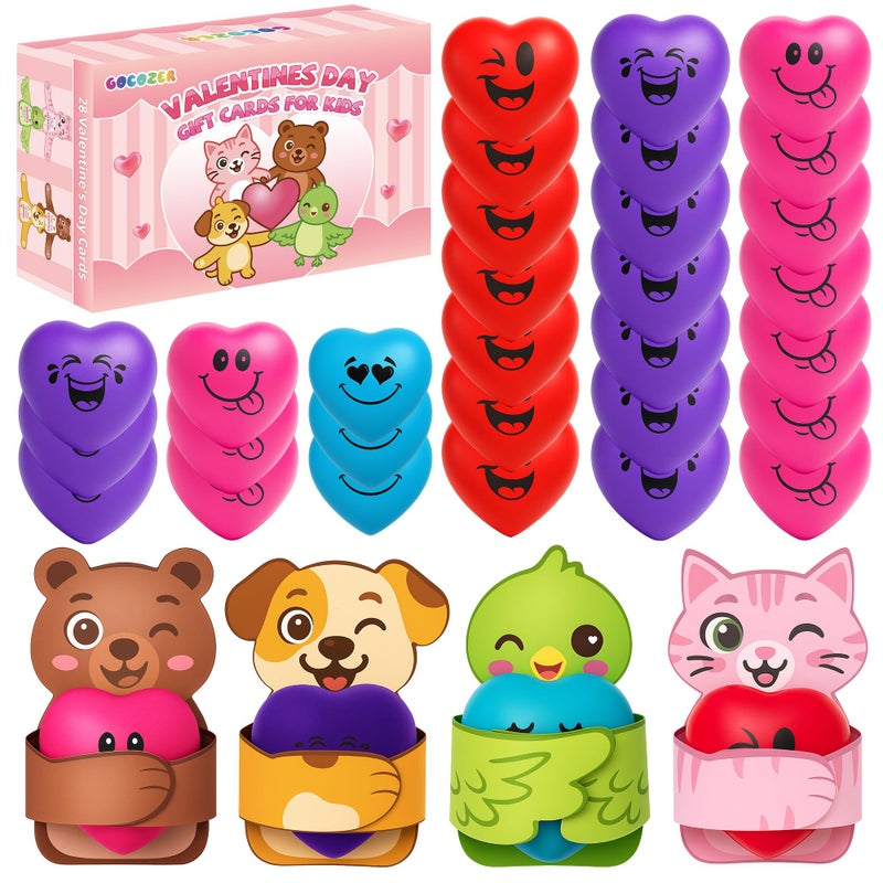 Gocozer 28 Packs Heart Stress Ball with Valentine Cards Heart Shape squishy toy Stress Relief Fidget Toy with Valentines Greeting CardsKids Valentines Classroom Exchange Party Favors - Image 3