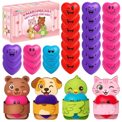 Gocozer 28 Packs Heart Stress Ball with Valentine Cards Heart Shape squishy toy Stress Relief Fidget Toy with Valentines Greeting CardsKids Valentines Classroom Exchange Party Favors - Image 1