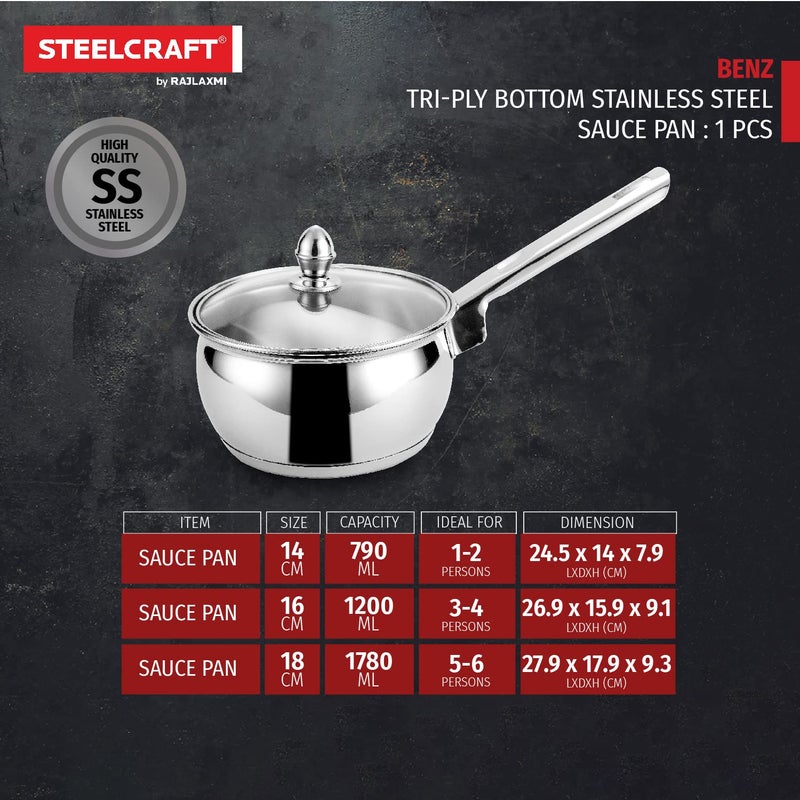 Steelcraft Steelcraft Premium Stainless Steel Benz Saucepan with Glass lid 18 cm 1780ml Induction Friendly Cook and Serve for Multipurpose Cooking Silver Set of 1 - Image 5