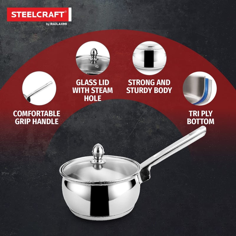 Steelcraft Steelcraft Premium Stainless Steel Benz Saucepan with Glass lid 18 cm 1780ml Induction Friendly Cook and Serve for Multipurpose Cooking Silver Set of 1 - Image 3