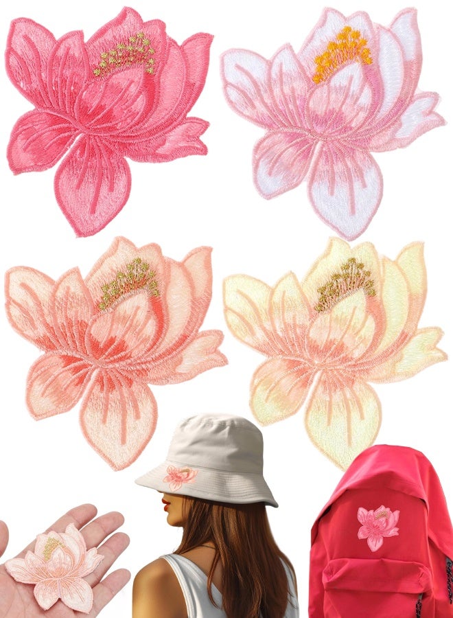 4 PCS Lotus Flower Embroidery Applique, Lotus Floral Decorative Patches Beautiful Sew On Floral Stickers, For Backpacks, Clothing, T-Shirt, Jacket, Jeans, Hat - Image 1
