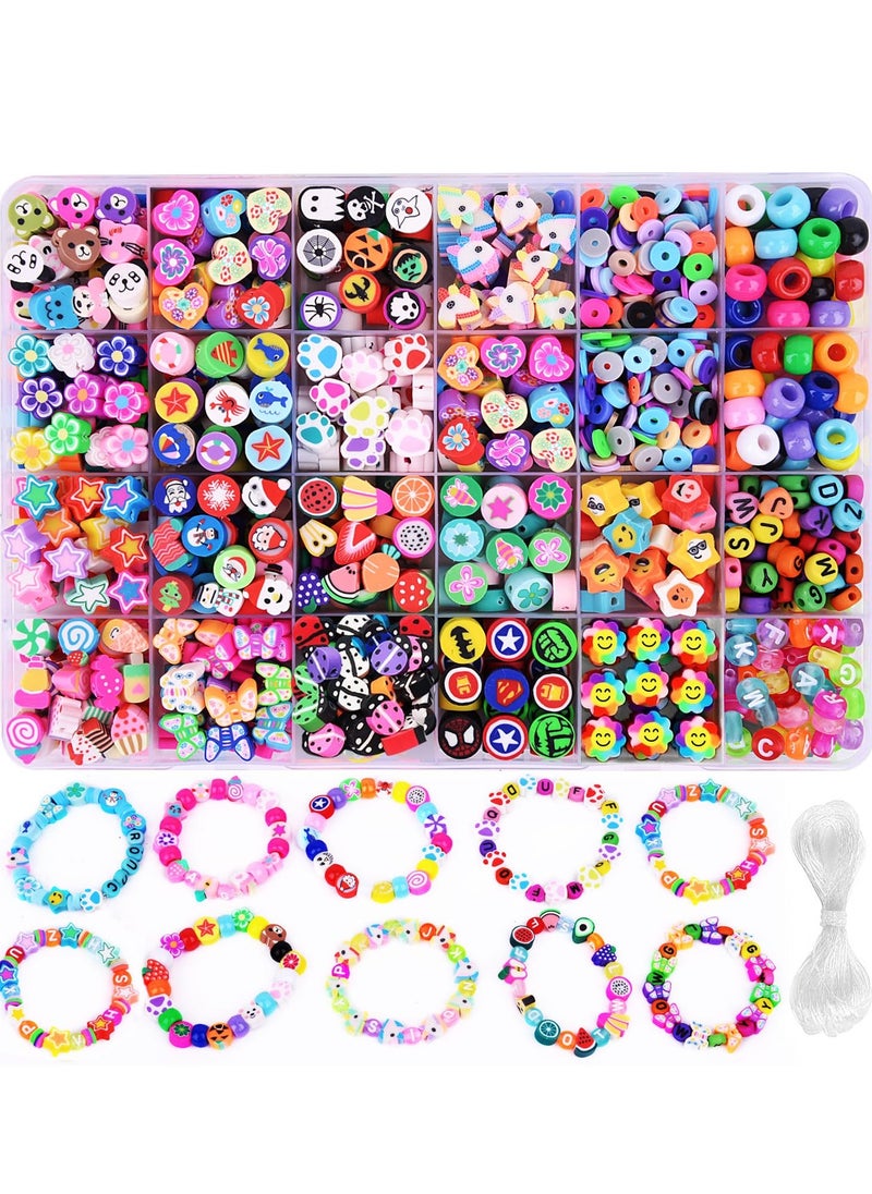 Generic - 1000PCS Polymer Clay Beads Bracelet Making kit, 24 Style Cute Fun Beads Fruit Flower Animal Cake Butterfly Heart Beads Charms for Jewelry Necklace Earring Making DIY Accessories for Women Girls - Image 1