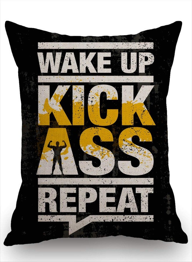 Swono Fitness Gym Sport Workout Motivation Quote Throw Pillow Case Funny Quotes Cushion Cover Cotton Linen 18 x 18 Inch,Wake Up Kick Ass Repeat - Image 1
