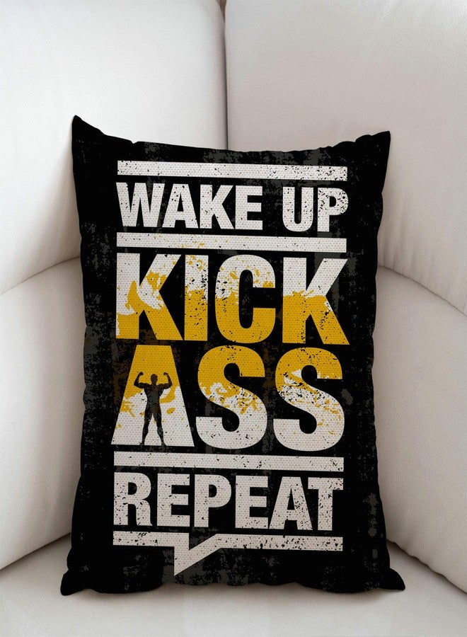Swono Fitness Gym Sport Workout Motivation Quote Throw Pillow Case Funny Quotes Cushion Cover Cotton Linen 18 x 18 Inch,Wake Up Kick Ass Repeat - Image 2