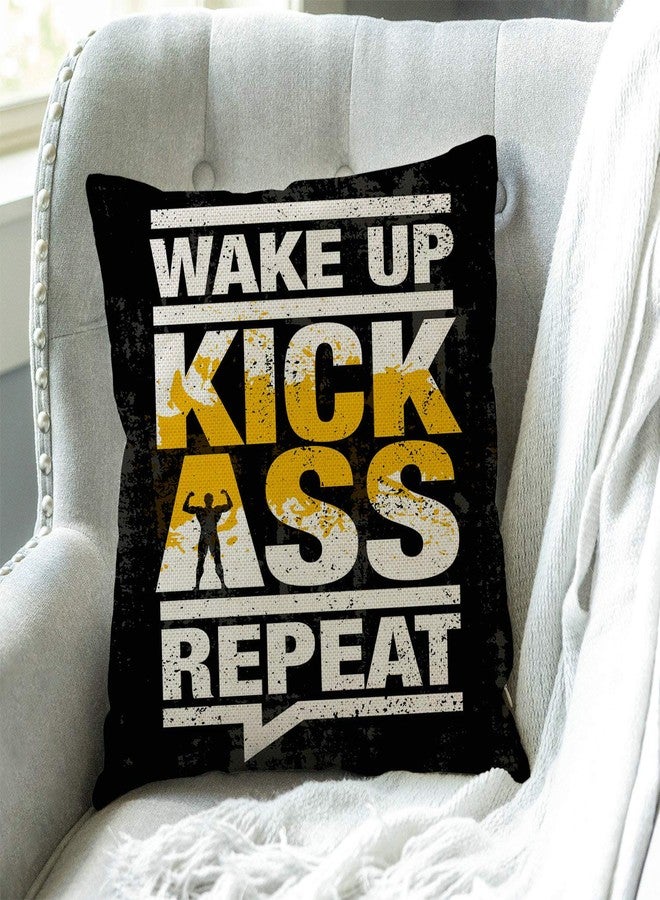Swono Fitness Gym Sport Workout Motivation Quote Throw Pillow Case Funny Quotes Cushion Cover Cotton Linen 18 x 18 Inch,Wake Up Kick Ass Repeat - Image 3