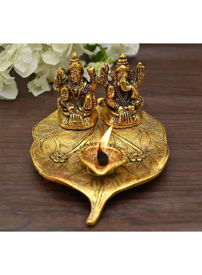 ALAUKIK Alaukik Handicrafts Metal Lord Laxmi Ganesh Idol Statue On Lotus Flower with Diya Murti Pooja Figurine Showpiece  - Image 1