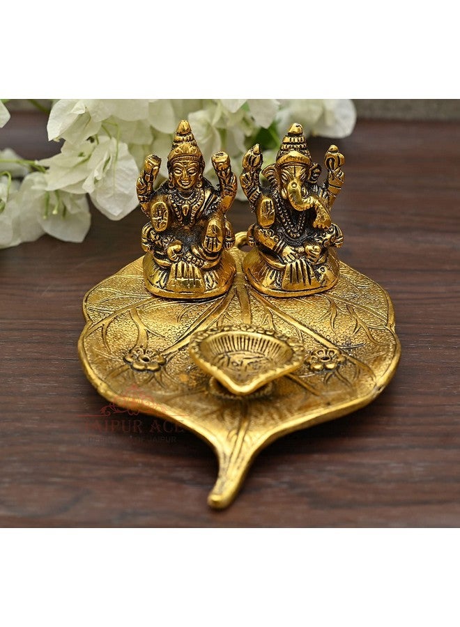 ALAUKIK Alaukik Handicrafts Metal Lord Laxmi Ganesh Idol Statue On Lotus Flower with Diya Murti Pooja Figurine Showpiece  - Image 3