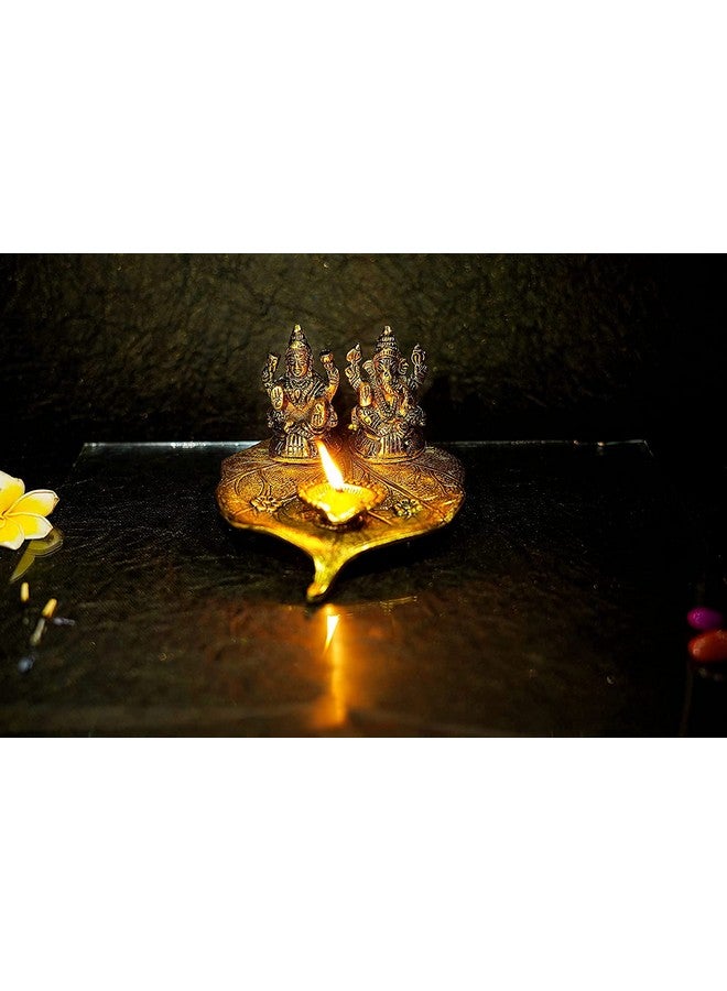 ALAUKIK Alaukik Handicrafts Metal Lord Laxmi Ganesh Idol Statue On Lotus Flower with Diya Murti Pooja Figurine Showpiece  - Image 4
