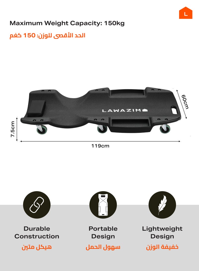 LAWAZIM Plastic Car Creeper 48inch - Black- Mechanic Garage Creeper with Sponge-Cushioned Headrest, Smooth-Rolling Wheels, Dual Tool Trays, and Carrying Handle - Ideal for Automotive Maintenance and Repairs - Image 2