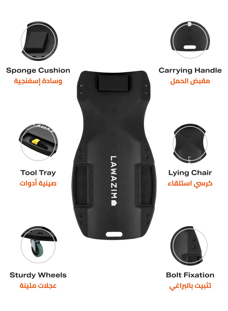 LAWAZIM Plastic Car Creeper 48inch - Black- Mechanic Garage Creeper with Sponge-Cushioned Headrest, Smooth-Rolling Wheels, Dual Tool Trays, and Carrying Handle - Ideal for Automotive Maintenance and Repairs - Image 3