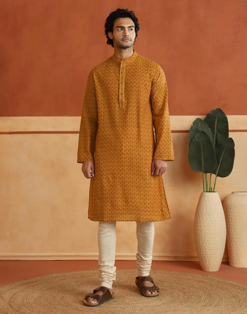 فاب انديا Mustard Cotton Hand Block Printed Slim Fit Long Kurta
