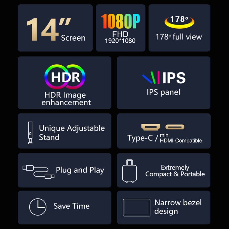 شاشة توسيع محمولة لأجهزة الكمبيوتر المحمولة: شاشة سوداء IPS بدقة FHD 1920*1080 بوصة 14 - شاشة مزدوجة ذات هيكل ثابت قابل للطي والدوران للعمل المكتبي أثناء التنقل والمشاركة التعاونية - Image 2