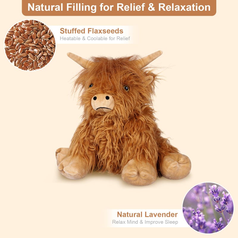 SuzziPals Heatable & Coolable Highland Cow Stuffed Animals Plushie, Microwavable Heating Pad for Soothing & Relaxation, Lavender Scented Cattle Plush Toys for Stress Relief, Stuffed Cow Gifts - Image 3