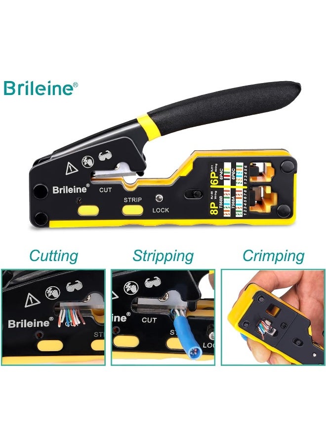 Generic Brileine  Rj45 Crimp Tool Pass Through Kit Ethernet Crimper Cat5 Cat5E Cat6 Crimping Tool For Rj11/12 6P/8P With Network Lan Cable Tester, 50Pieces Cat6 Connectors, 51Pieces Boots, Mini Cable Stripper  - Image 1
