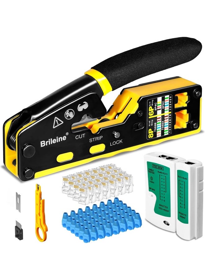 Generic Brileine  Rj45 Crimp Tool Pass Through Kit Ethernet Crimper Cat5 Cat5E Cat6 Crimping Tool For Rj11/12 6P/8P With Network Lan Cable Tester, 50Pieces Cat6 Connectors, 51Pieces Boots, Mini Cable Stripper  - Image 3