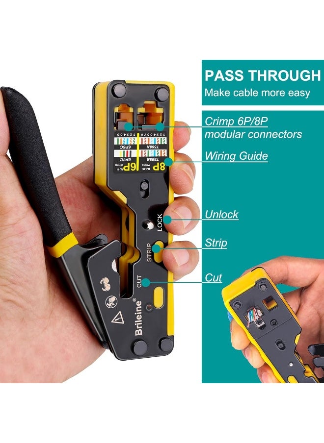 Generic - Brileine  Rj45 Crimp Tool Pass Through Kit Ethernet Crimper Cat5 Cat5E Cat6 Crimping Tool For Rj11/12 6P/8P With Network Lan Cable Tester, 50Pieces Cat6 Connectors, 51Pieces Boots, Mini Cable Stripper - Image 1