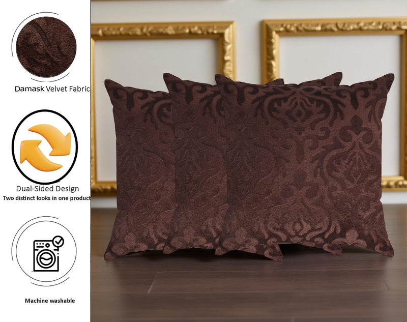 STARNSTYLE Velvet Decorative Cushion Cover 24x24 Inch - Set of 3, Soft Solid Damask Square Throw Pillow Covers for Sofa, Living Room or Home Decor - 60x60 cm Coffee - Image 2