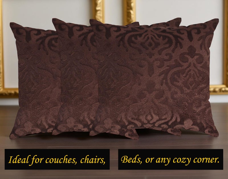 STARNSTYLE Velvet Decorative Cushion Cover 24x24 Inch - Set of 3, Soft Solid Damask Square Throw Pillow Covers for Sofa, Living Room or Home Decor - 60x60 cm Coffee - Image 3