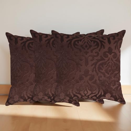 STARNSTYLE Velvet Decorative Cushion Cover 24x24 Inch - Set of 3, Soft Solid Damask Square Throw Pillow Covers for Sofa, Living Room or Home Decor - 60x60 cm Coffee - Image 1