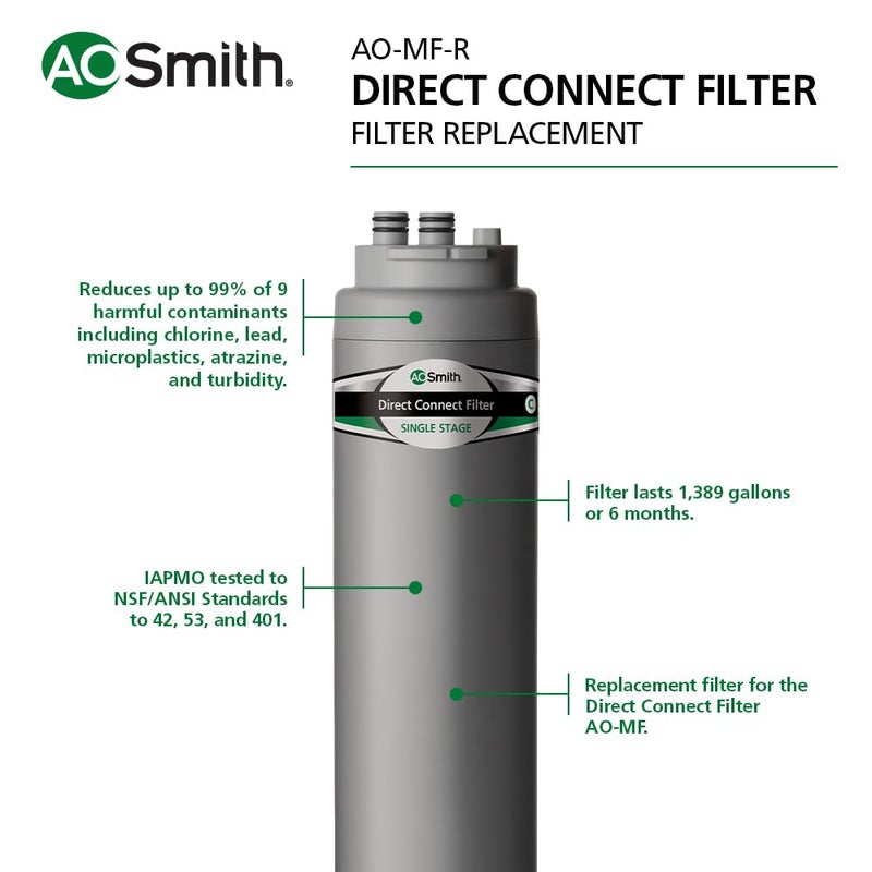 AO Smith Basic Direct Connect Under Sink Replacement Filter For AO-MF System - Carbon Block Filter Reduces Up To 99% Of 9 Harmful Contaminants - AO-MF-R - Image 5