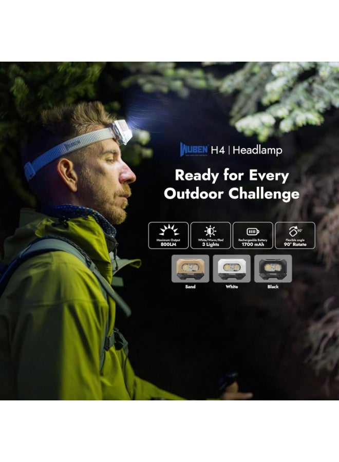 WUBEN H4 Headlamp Rechargeable, 800 Lumens Super Bright Head Torch, LED Head lamp 10 Modes with Red Light, IP68 Waterproof Head light With Motion Sensor, for Emergency, Camping, Fishing & Hiking - Image 4