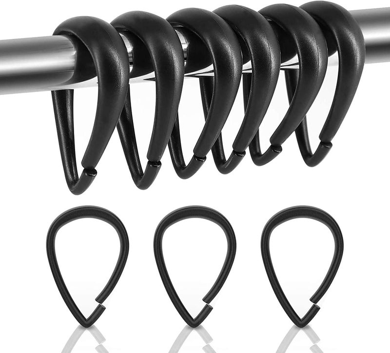 Qulable Shower Curtain Rings, 12 Pcs Plastic Hooks Drop-Shape Rings Hook Hanger for Bathroom Shower Rod, Easy Snap Closure (Black) - Image 1