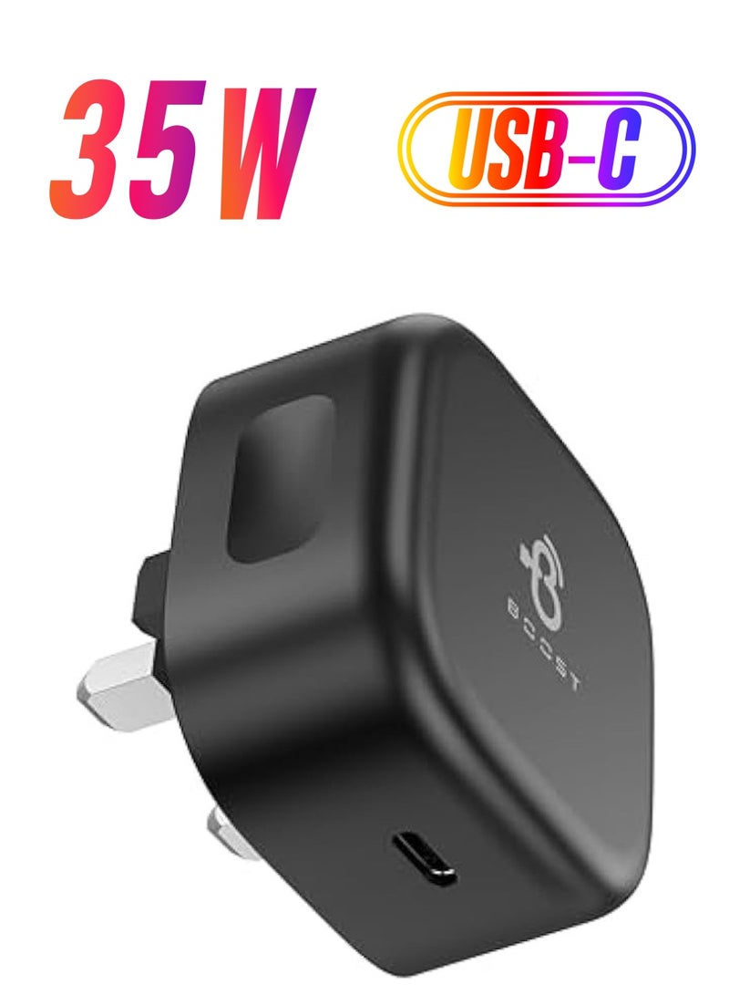 بوست شاحن USB-C فائق السرعة بقدرة 35 وات | تقنية GaN | متوافق مع iPhone، iPad، Samsung، Xiaomi، OnePlus | شاحن قابس حائط من النوع C موفر للوقت | شاحن متنقل مناسب للسفر - Image 1