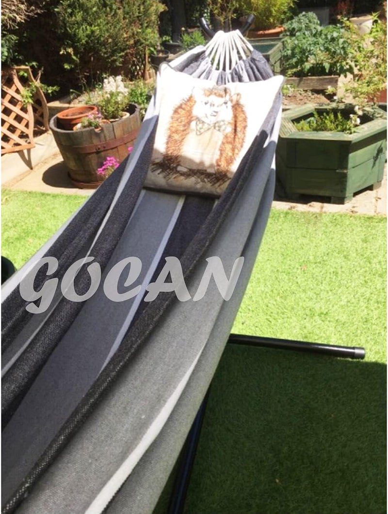GOCAN أرجوحة برازيلية مزدوجة من لشخصين، كبيرة جدًا 220 × 150 سم، الطول الإجمالي 330 سم، الحمولة 300 كجم، أرجوحة قماش قطنية للاستخدام الخارجي والداخلي في الحديقة (خطوط رمادية) - Image 3