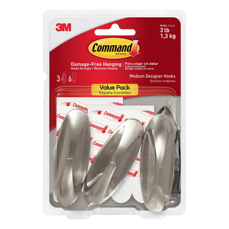 Command Medium Designer Hooks, Brushed Nickel, 3-Hooks, 6-Strips, Decorate Damage-Free - Image 1