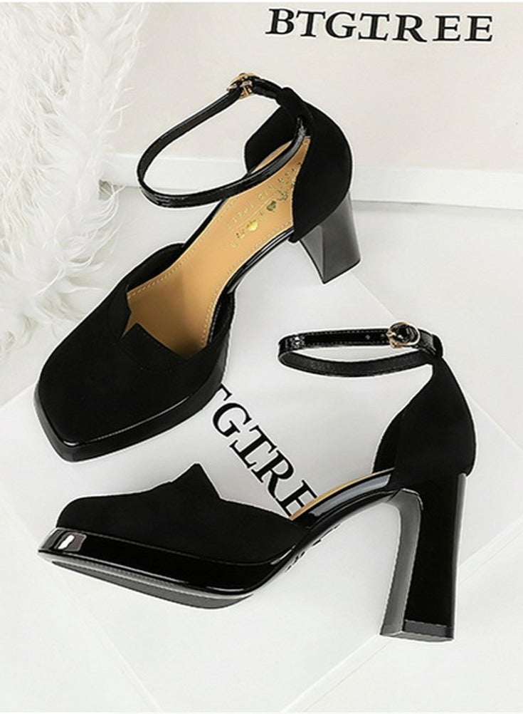 بيج تري منصة المرأة الكعب العالي المربع المغلق إصبع القدم مضخات الأسود 9 سم - Image 3