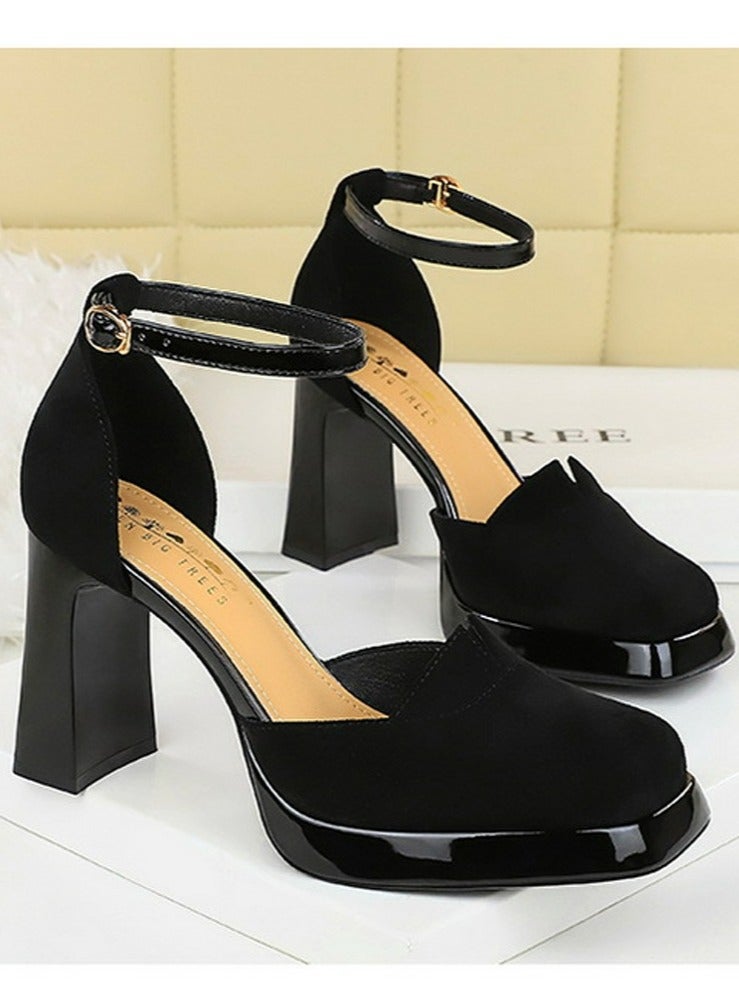 بيج تري منصة المرأة الكعب العالي المربع المغلق إصبع القدم مضخات الأسود 9 سم - Image 2